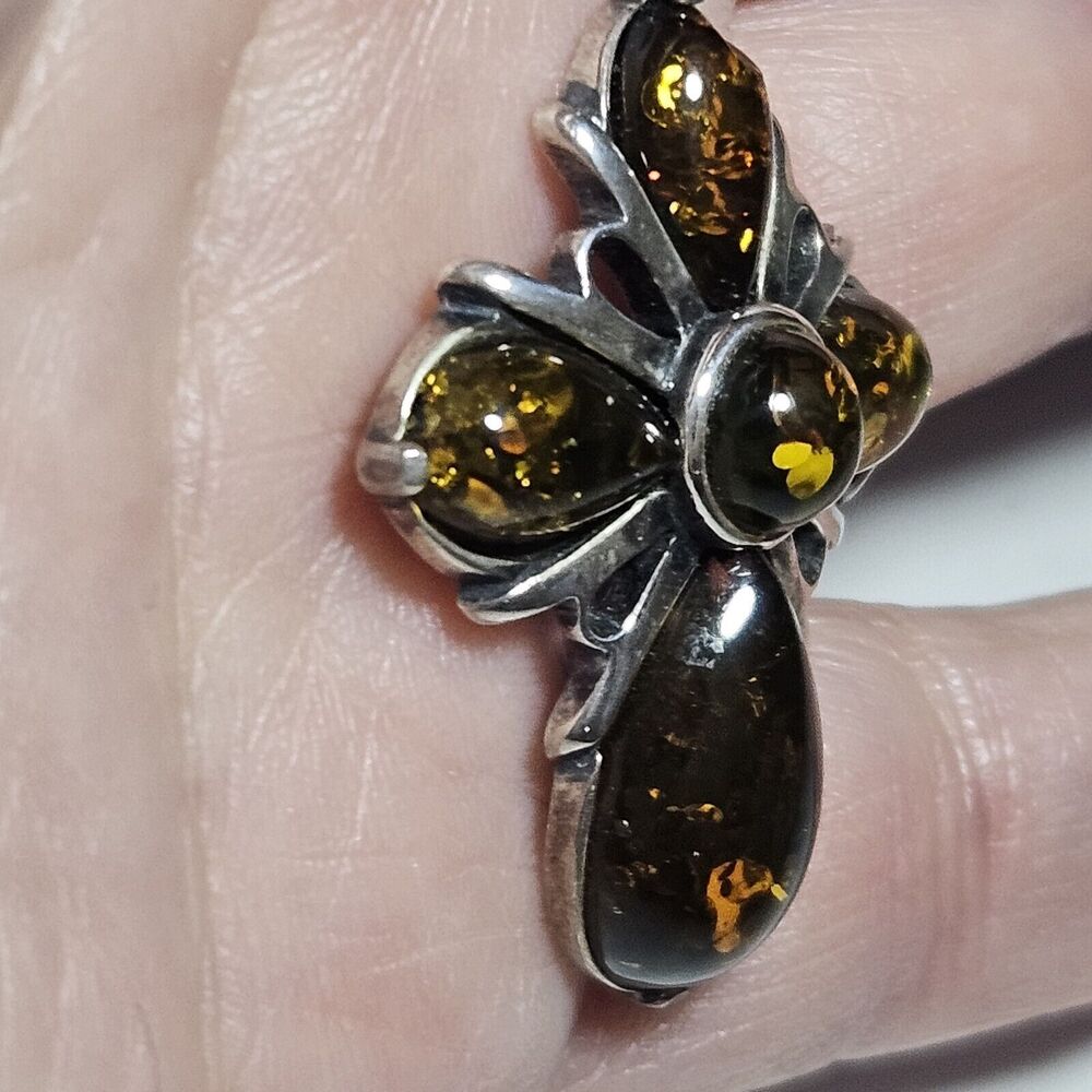 Vintage Sterling Silver Amber Cross Pendant Necklace Yellow Golden 18" - Picture 5 of 15
